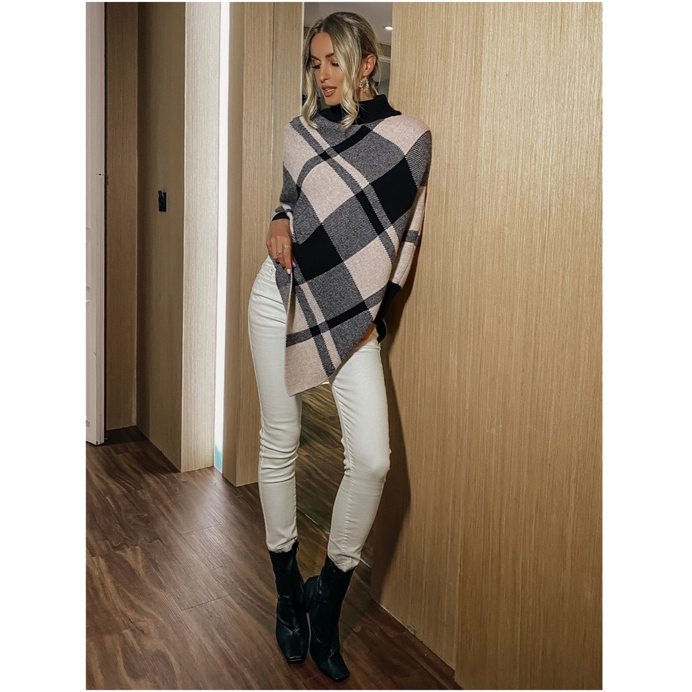 Plaid Poncho Style Sweater Turtleneck Beige Black - Picture 14 of 14